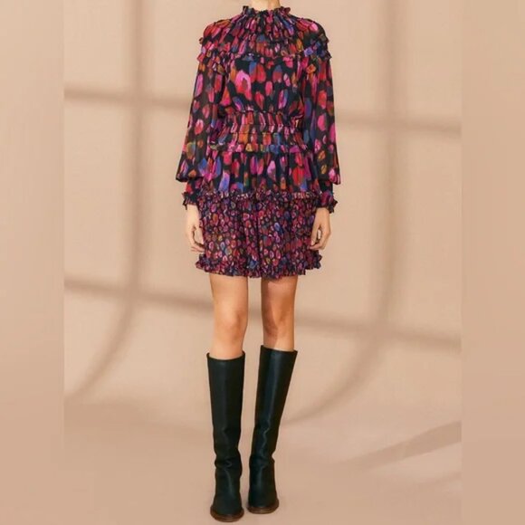 NWT FARM Rio Black Iridescent Leopards‎ Ruffle Mini Dress l Size XS - Picture 2 of 6